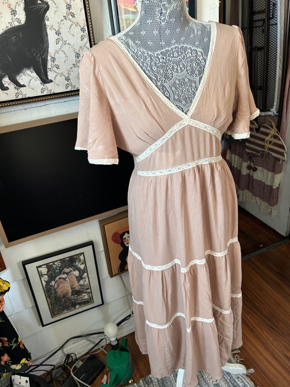 Romantic Blush Maxi Dress with Lace Trim